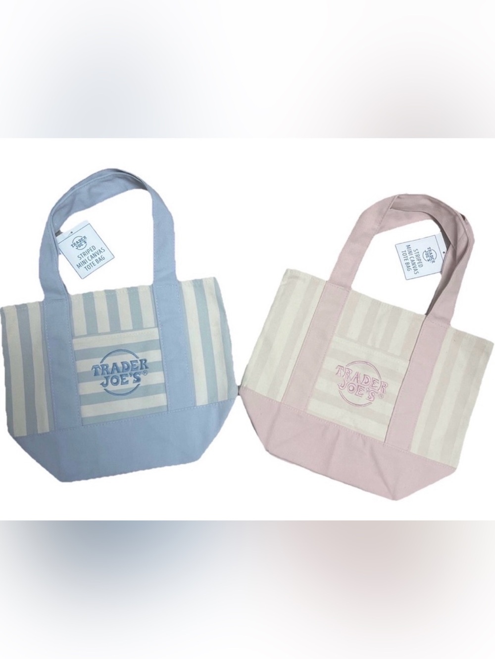 Trader Joe’s Mini Tote Bags ~ 2 Set ~ Blue & Pink Striped Mini Canvas Totes 2026